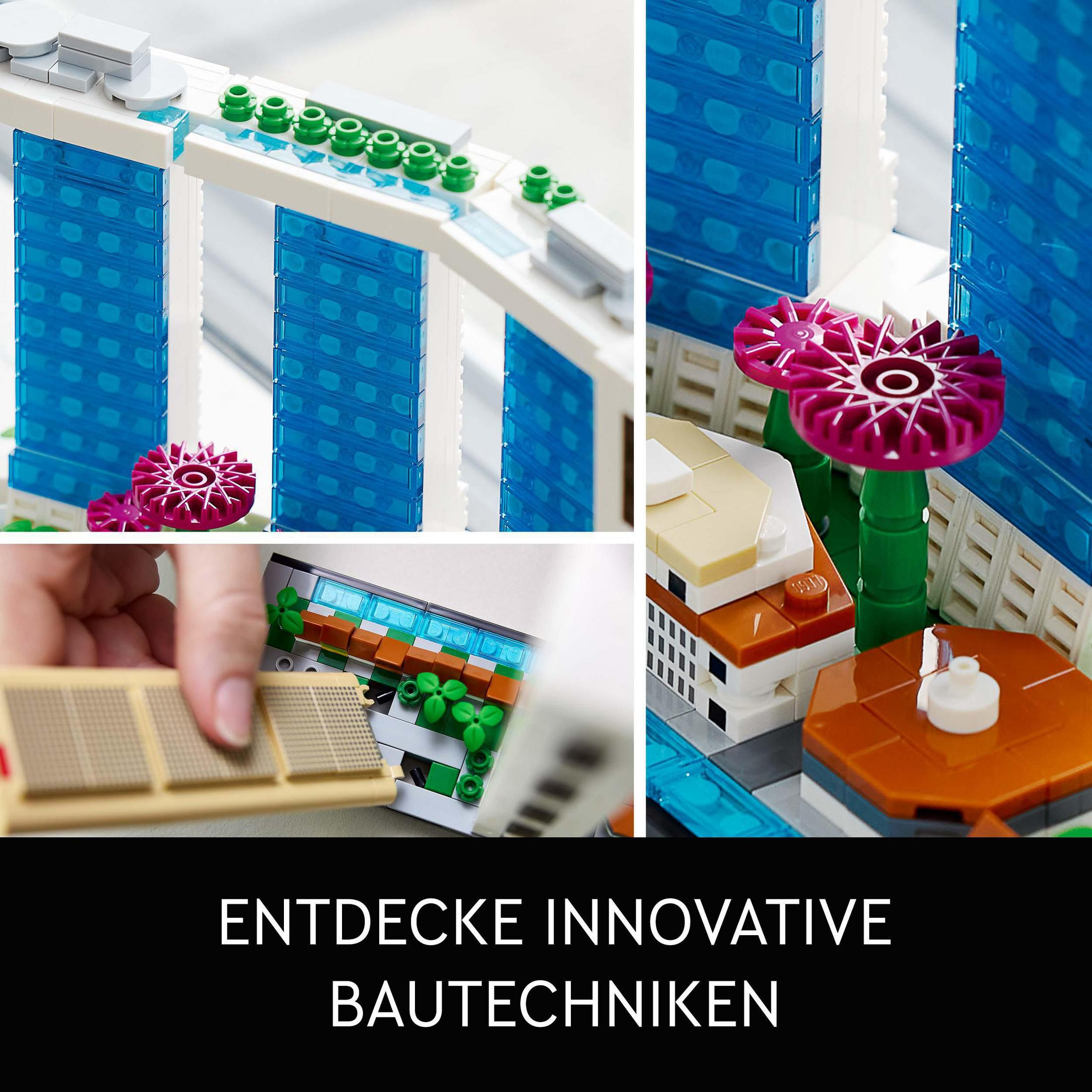 Een Lego-scène met blauwe gebouwen, paarse bloemen en tekst eronder.