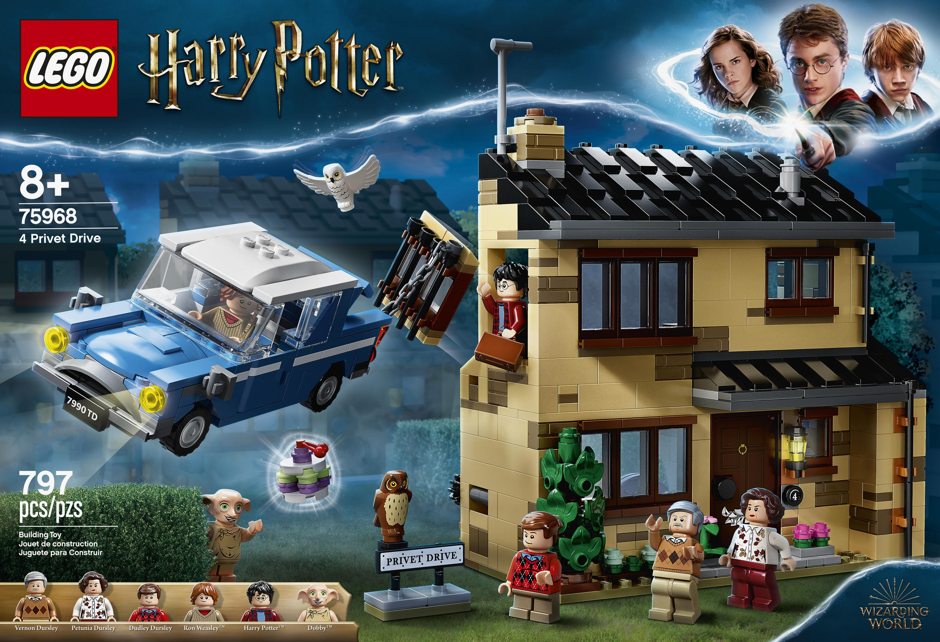 Zestaw Lego Harry Potter pokazujący niebieski samochód, dom i różne minifigurki.