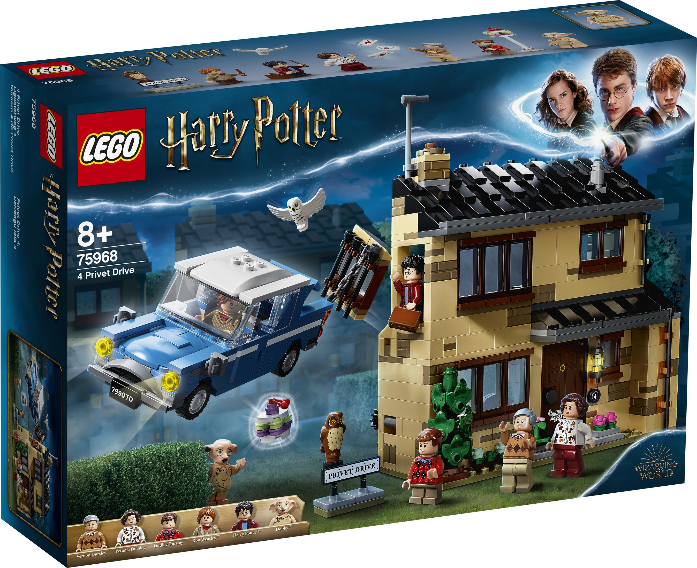 Pudełko z zestawem Lego Harry Potter ze sceną domu przy Privet Drive 4, samochodem i postaciami.