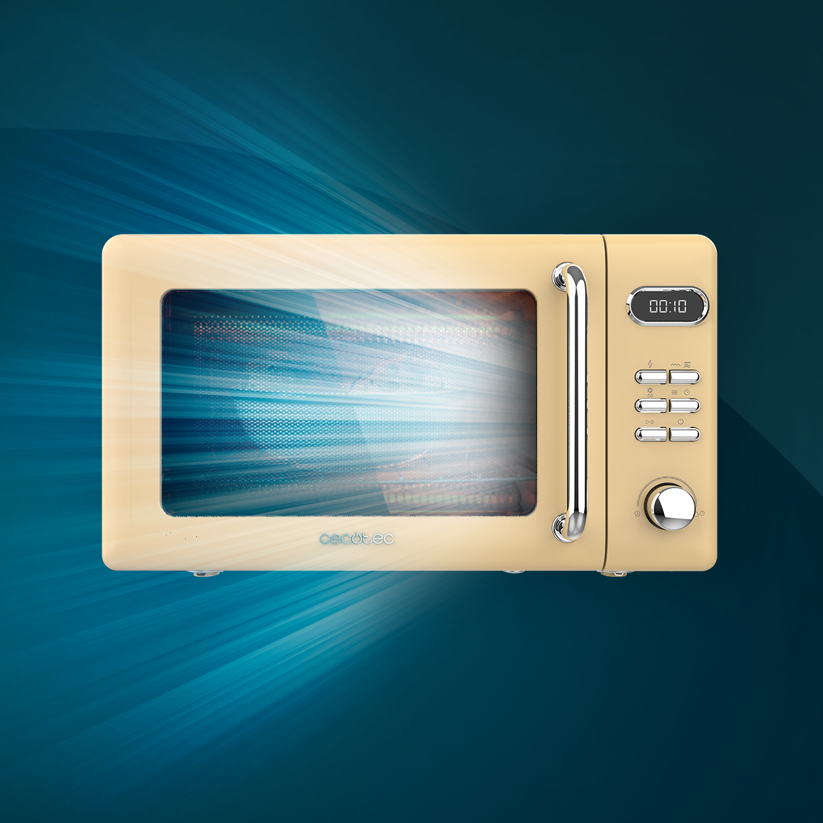 Beżowa kuchenka mikrofalowa z niebieskim tłem. Kuchenka mikrofalowa ma przyciski i uchwyt. Światło dochodzi z wnętrza.
