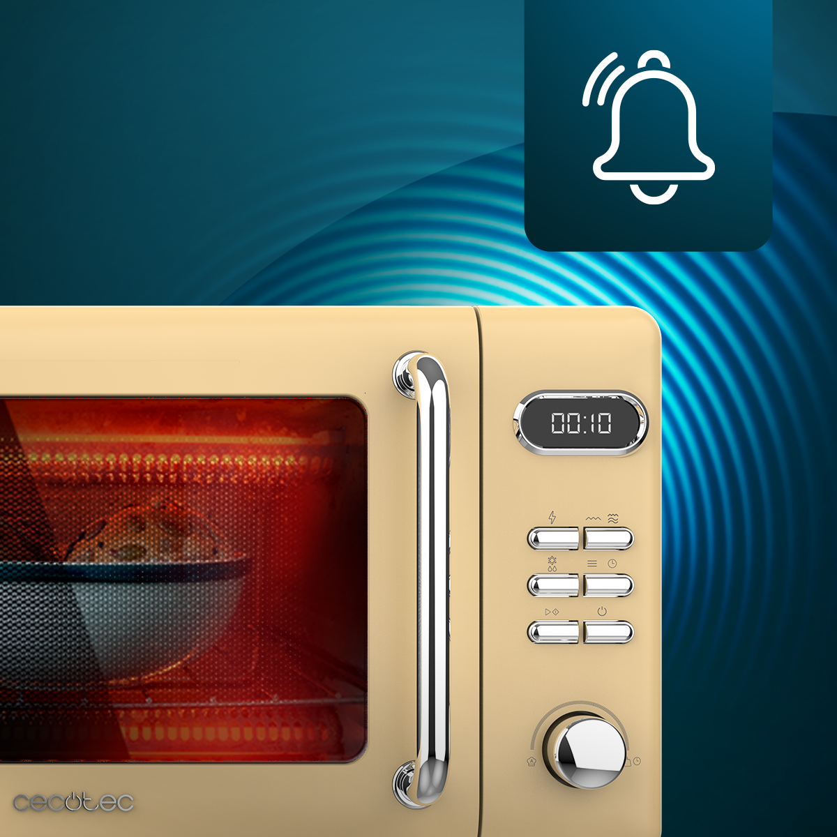 Beżowa kuchenka mikrofalowa w stylu retro z cyfrowym wyświetlaczem czasu. Ikona dzwonka w prawym górnym rogu.