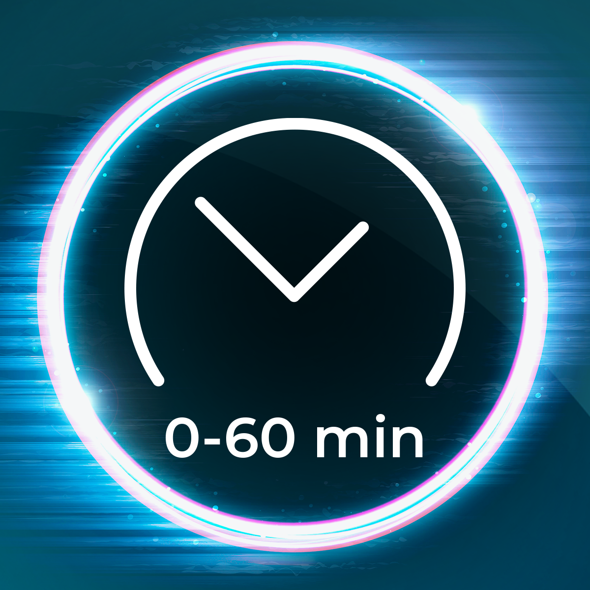 Ciemnoniebieskie tło z świecącą ikoną zegara i tekstem '0-60 min'.