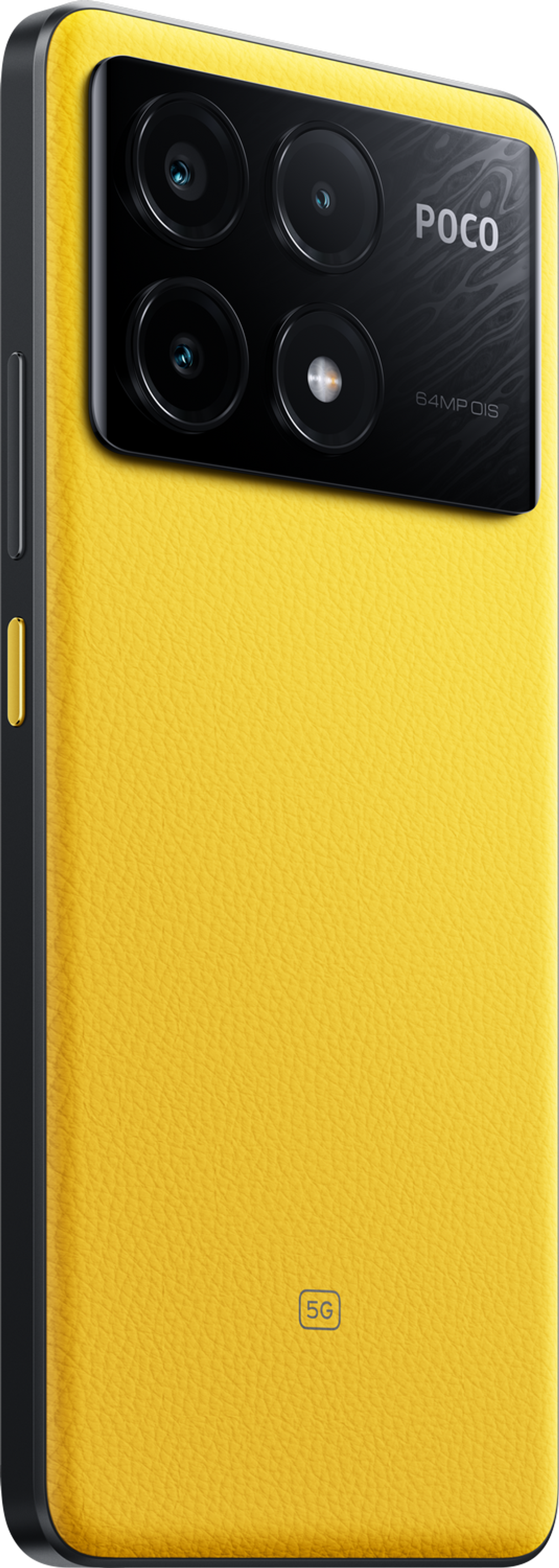 Ein gelbes Telefon mit schwarzem Rahmen und mehreren Kameras.