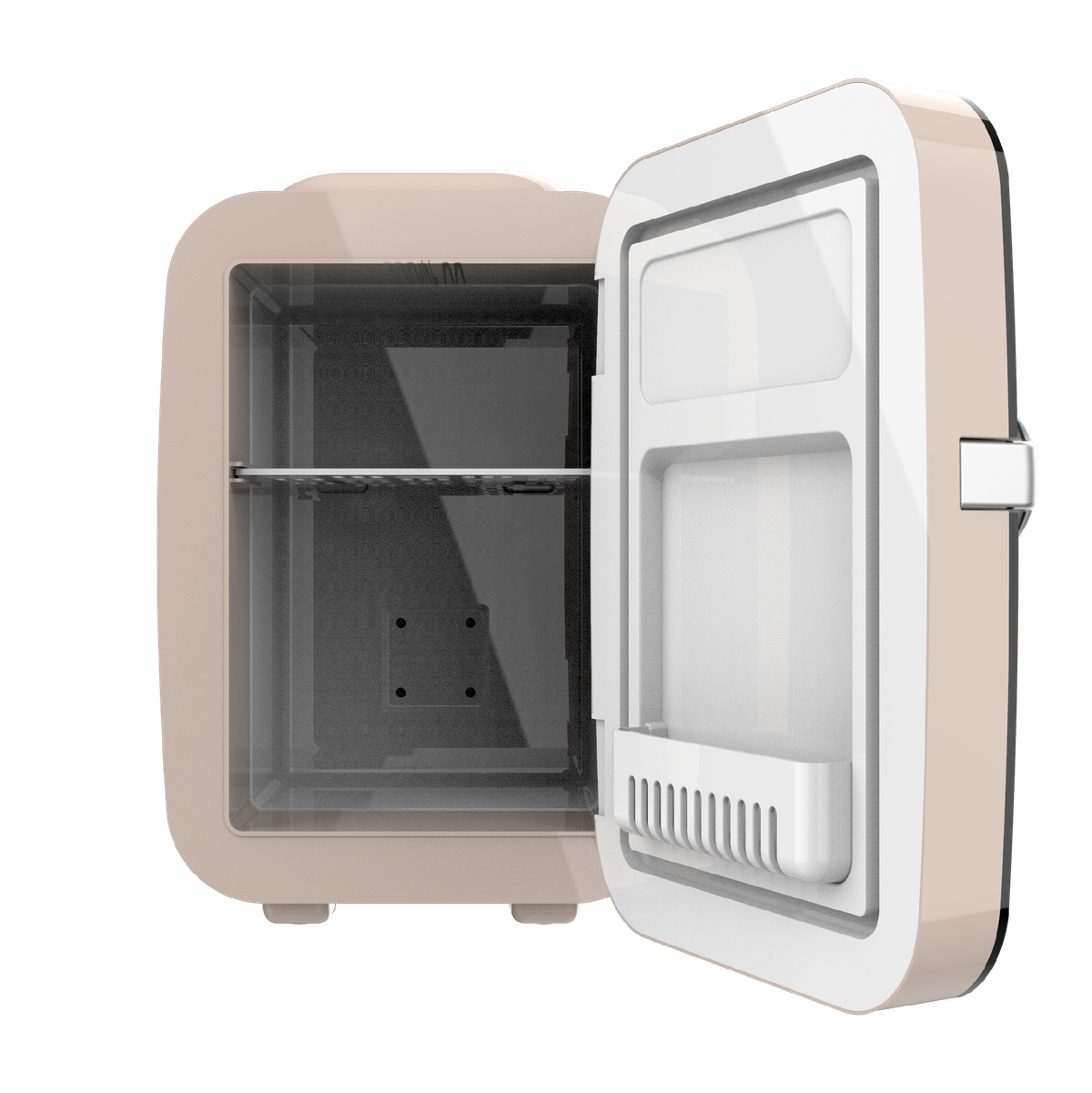 Un pequeño refrigerador beige con la puerta abierta, revelando el interior.