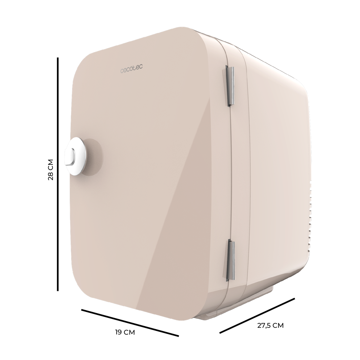 Un mini refrigerador beige con un asa blanca, aislado en negro.