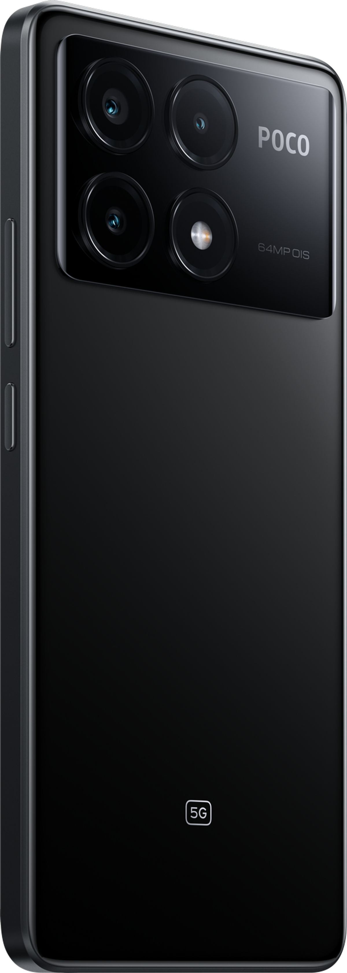Schwarzes Telefon mit Kameraausbuchtung und dem POCO-Logo.