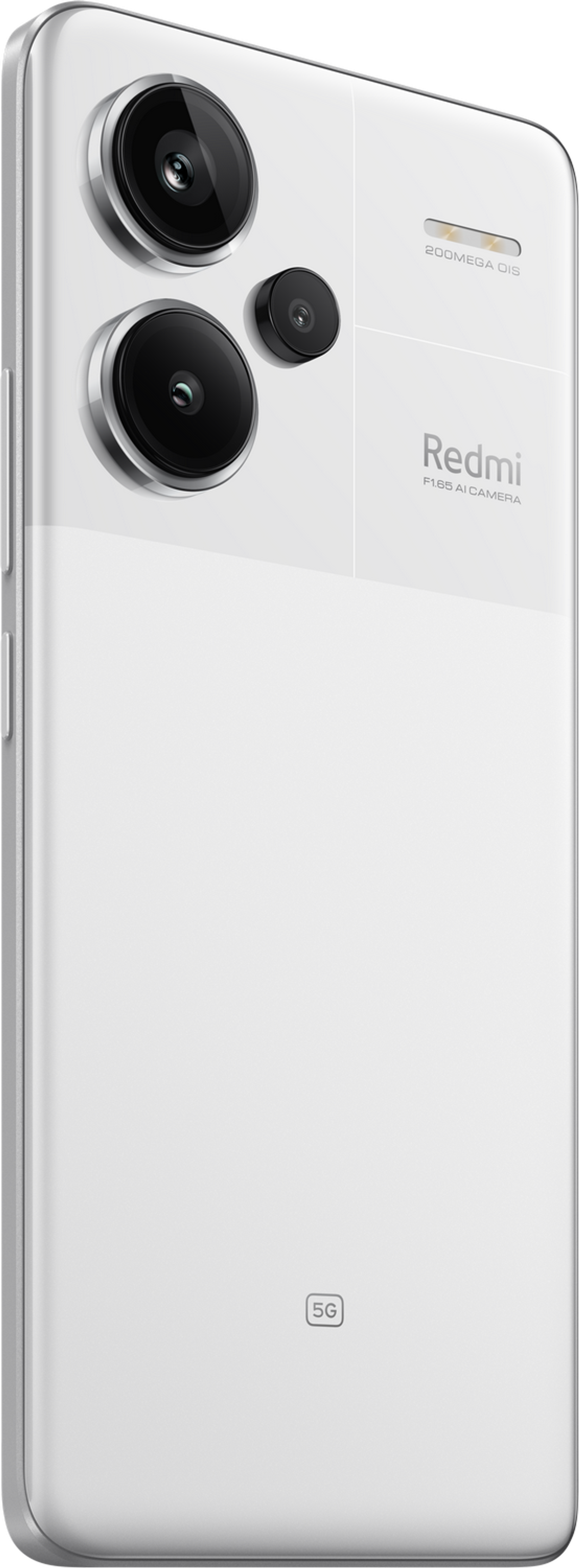 Biały smartfon z potrójnym aparatem. Telefon ma zakrzywione plecy i widok z boku, z marką 'Redmi'.