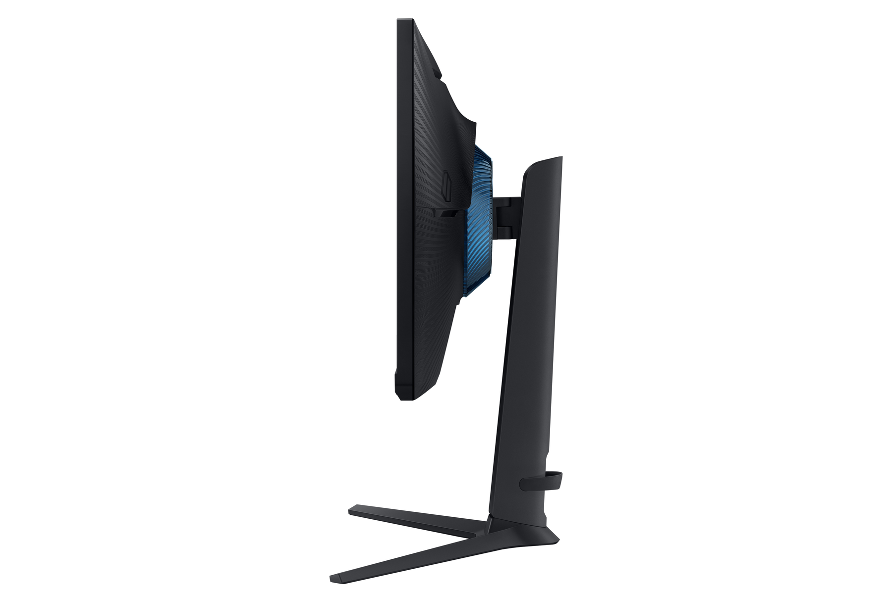 Vista lateral de un monitor negro. El monitor tiene un soporte y un acento azul en la parte posterior.