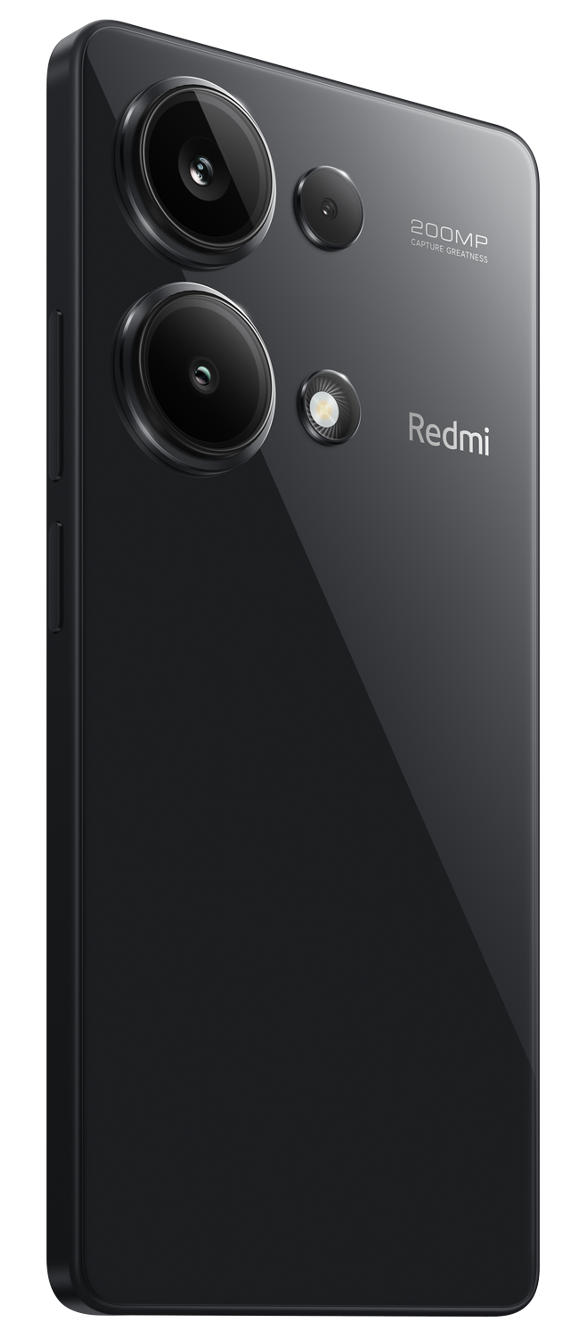 Smartphone nero con configurazione a tripla fotocamera. Il telefono ha un retro curvo e vista laterale, con 'Redmi'.