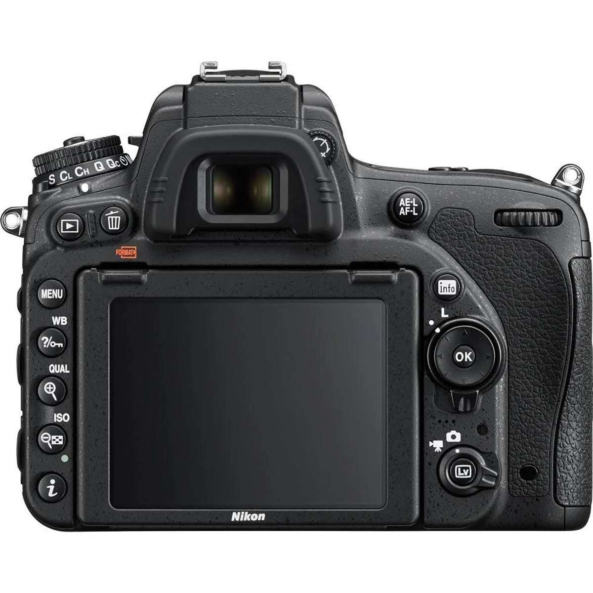 Cámara DSLR Nikon negra con varios botones y una pantalla en la parte trasera.