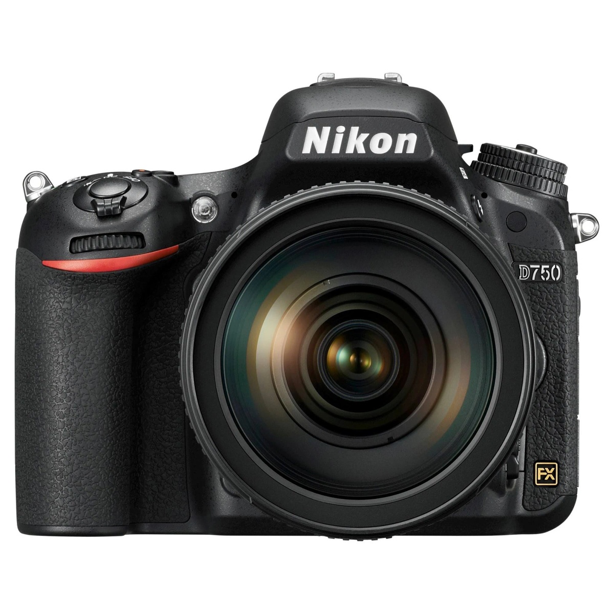 Cámara Nikon D750 negra con objetivo acoplado, se ven la pantalla y los controles.