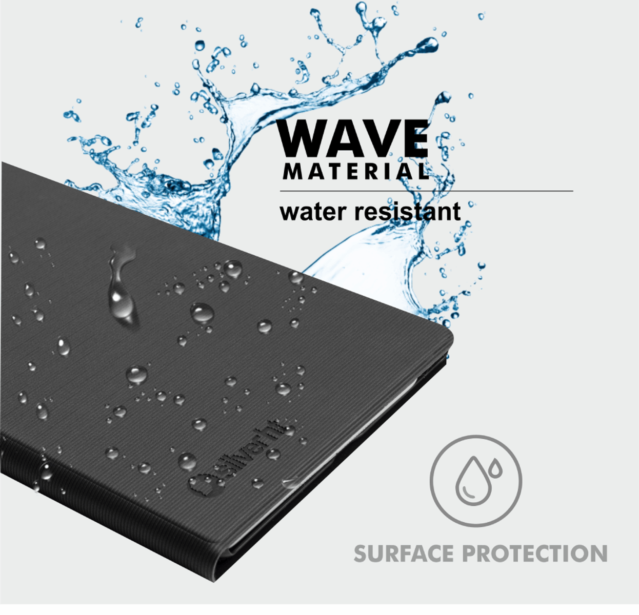 Funda de teléfono negra con texto "WAVE MATERIAL" y efectos de gotas de agua sobre fondo claro.