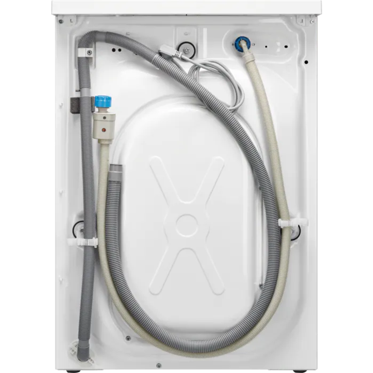 Tył białej pralki. Widoczne węże i elementy.
