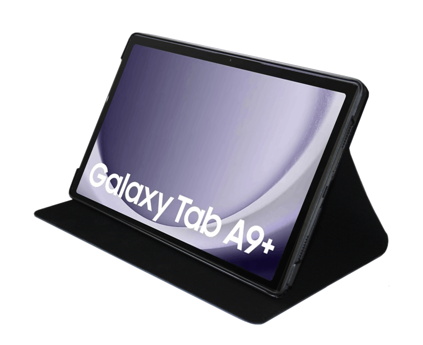 Una tableta negra en una funda, que muestra "Galaxy Tab A9+" en la pantalla.