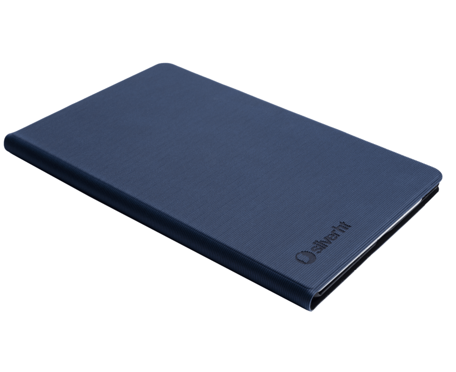 Una tableta azul cerrada sobre una superficie blanca. La tableta tiene una superficie texturizada, marca Silverht.