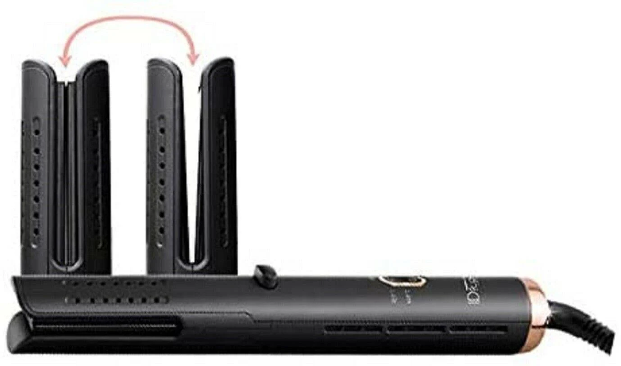 Czarna lokówka z trzema otwartymi sekcjami do kręcenia i czarnym uchwytem.