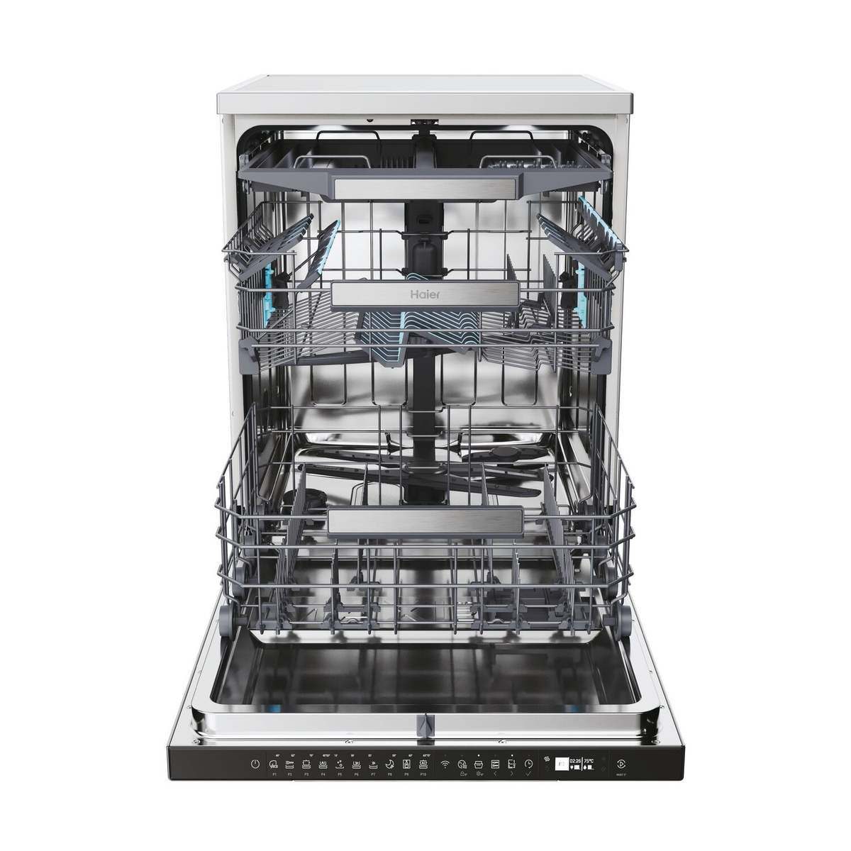 Otwarta zmywarka Haier z koszami, różnymi naczyniami i panelem sterowania.