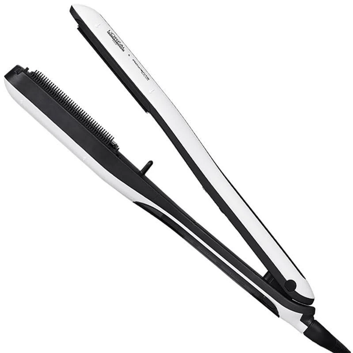 Una plancha de pelo blanca y negra con la marca "L'ORÉAL" en ella.