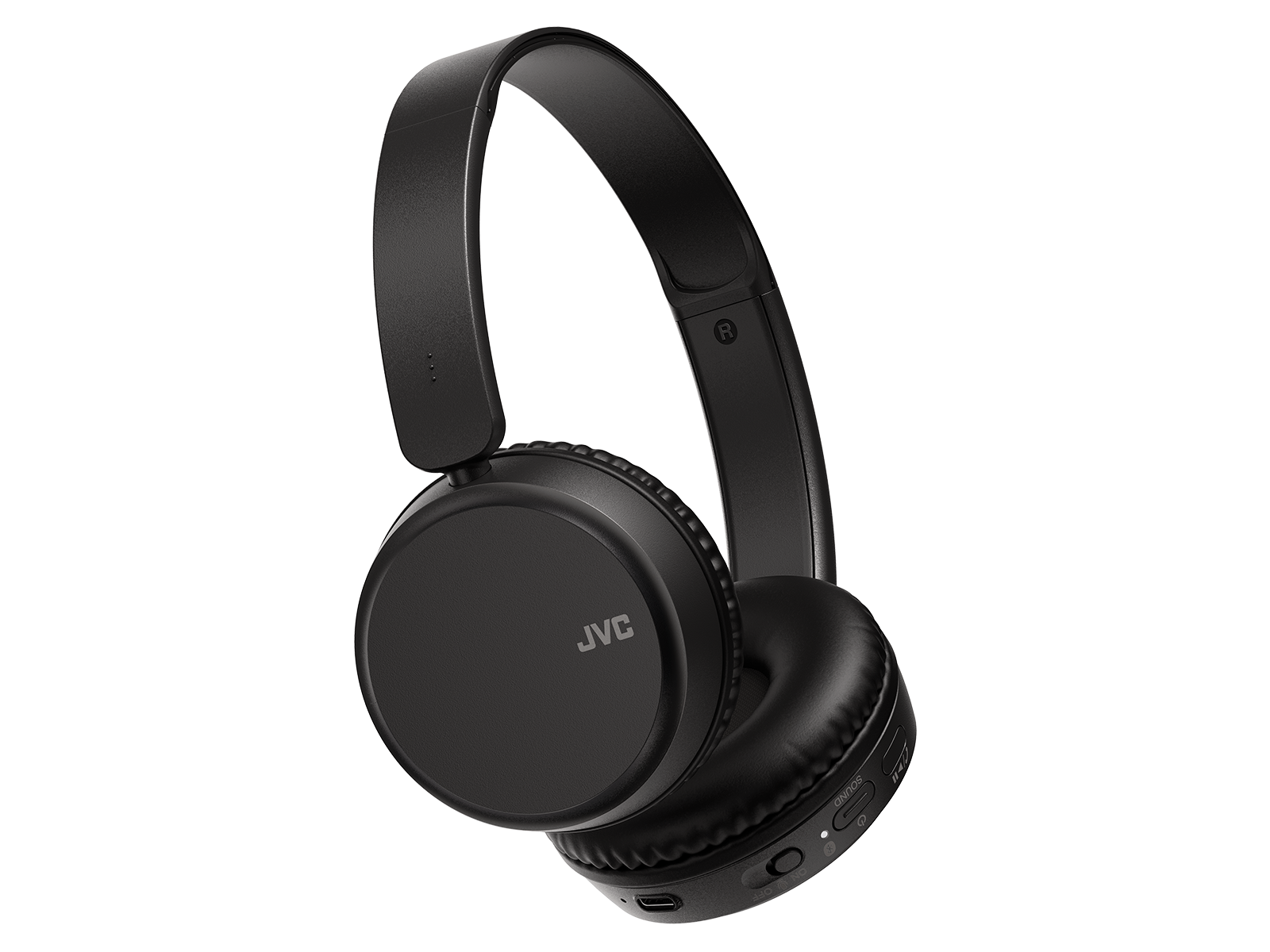 Auriculares JVC negros, con una vista clara de los auriculares y la diadema.