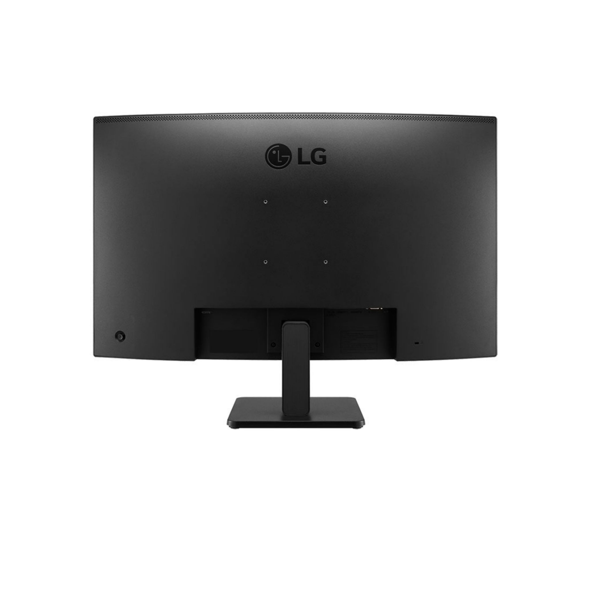 Tył czarnego monitora LG z logo LG na górze, na czarnym stojaku.