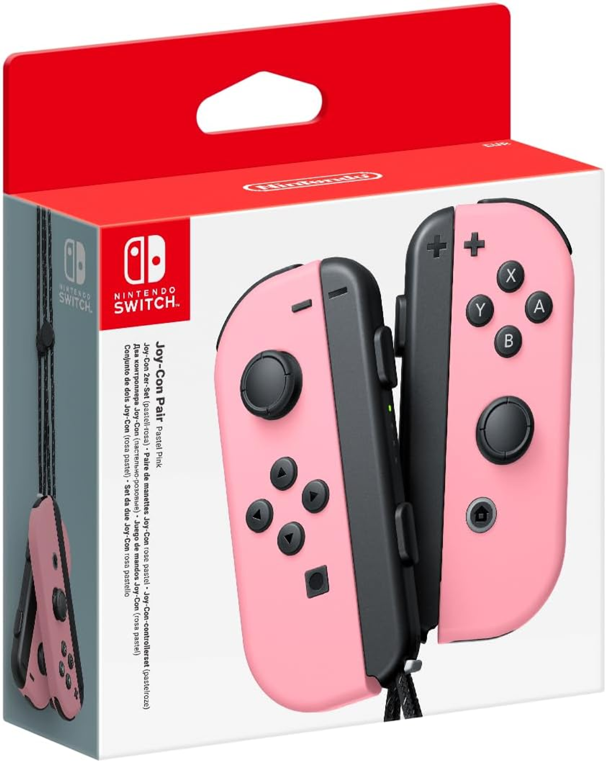 Różowy zestaw kontrolerów Joy-Con do Nintendo Switch w pudełku. Czerwony i różowy.