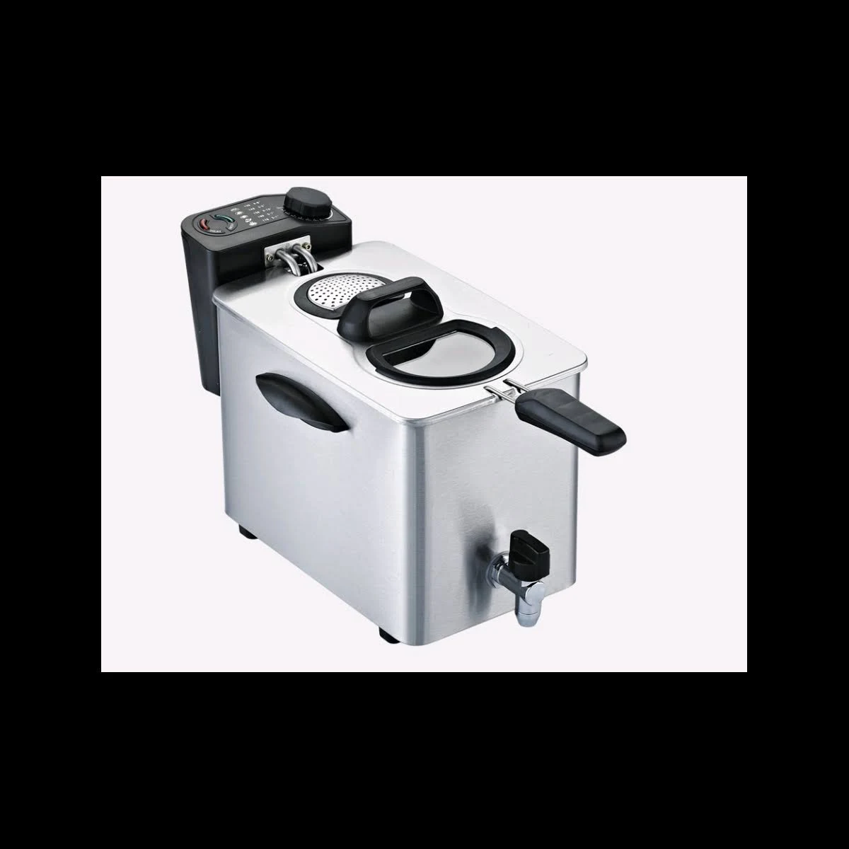 Srebrna frytkownica, widok z góry. Czarny panel sterowania i uchwyty są widoczne.