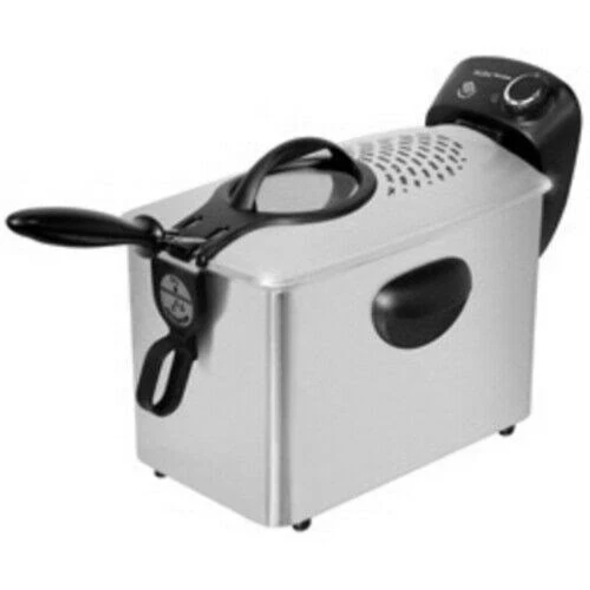 Frytownica ze stali nierdzewnej z czarnym uchwytem i elementami sterującymi.