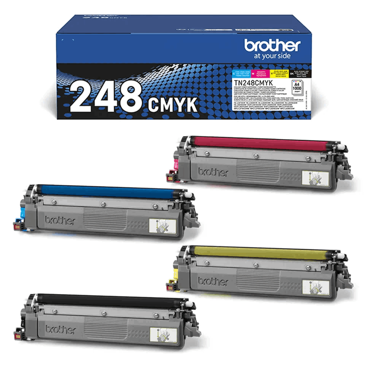Brother printercartridges in CMYK-kleuren en een blauwe doos.