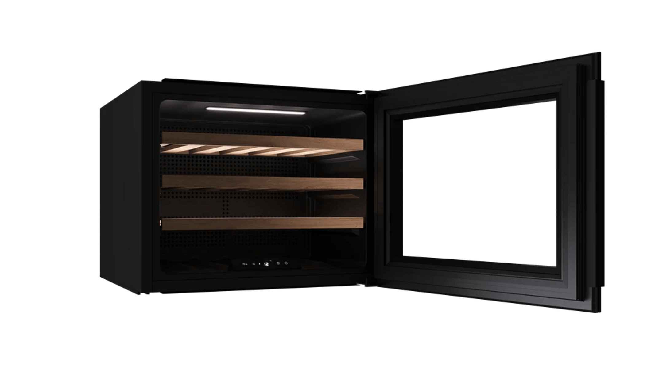 Czarna chłodziarka do wina z otwartymi drzwiami i drewnianymi półkami. Oświetlenie.