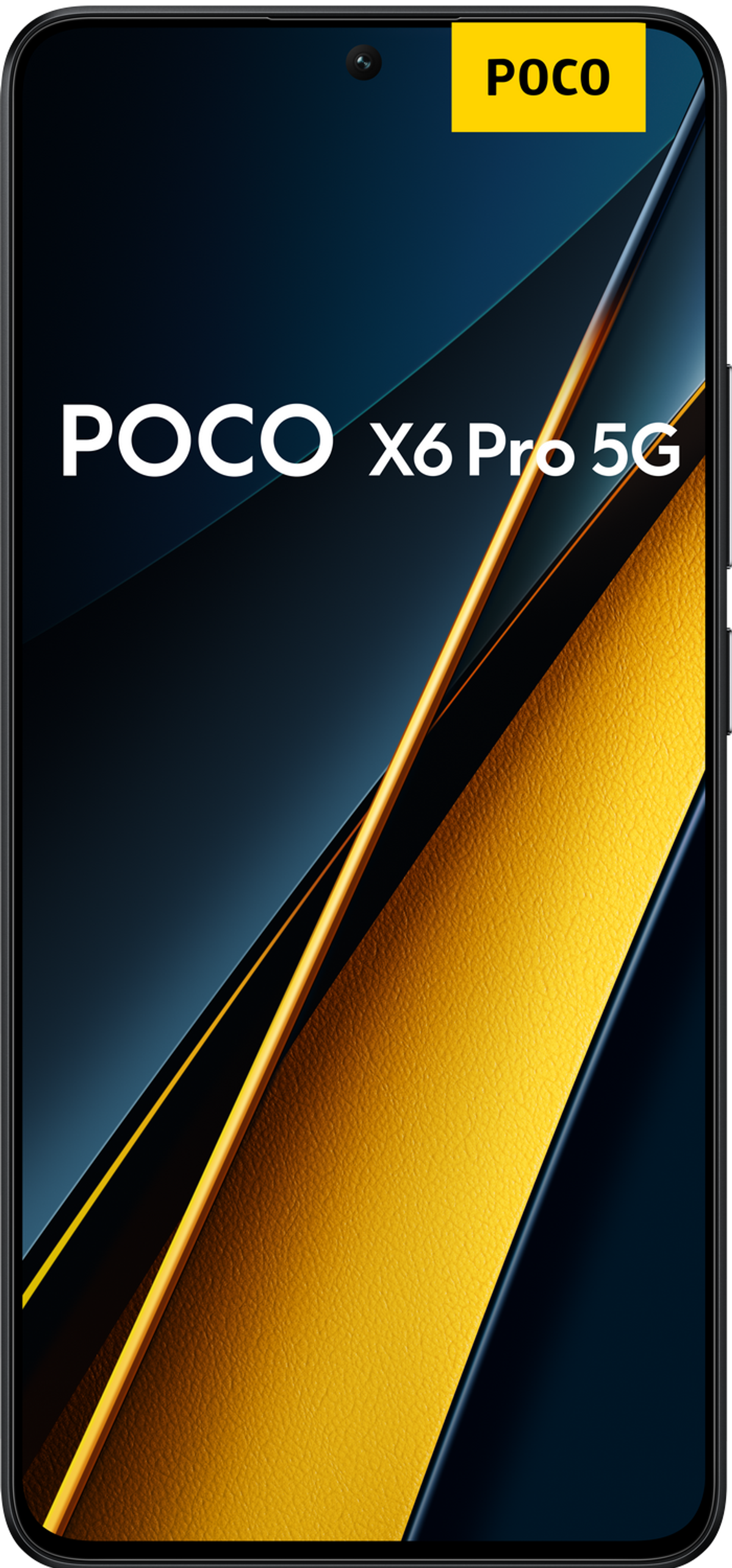 Smartphone mit POCO-Logo, Gold- und Schwarz-Design. „POCO X6 Pro 5G“ Text sichtbar.
