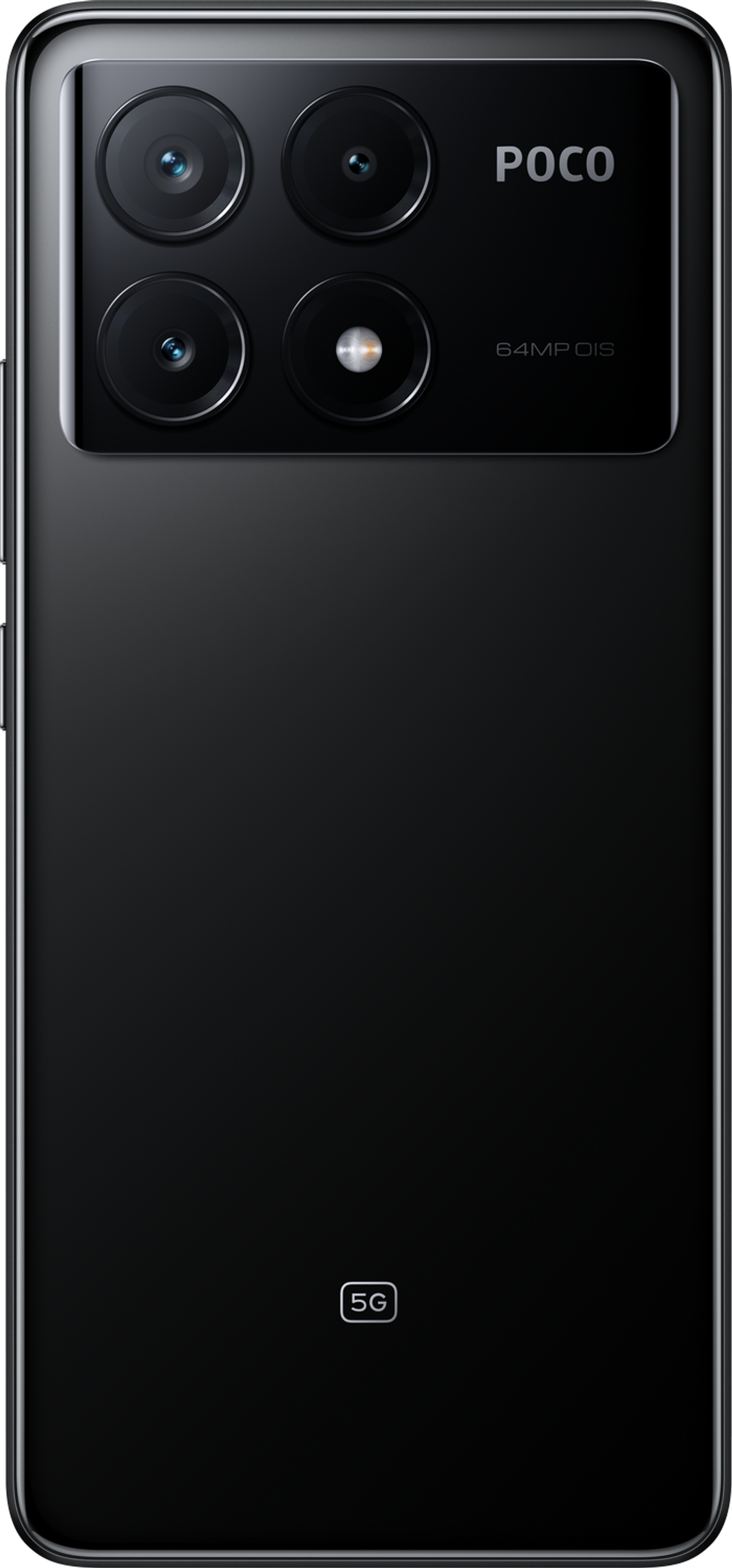 Die Rückseite eines schwarzen Poco-Telefons mit vier Kameralinsen, einem 5G-Logo und dem Markennamen.