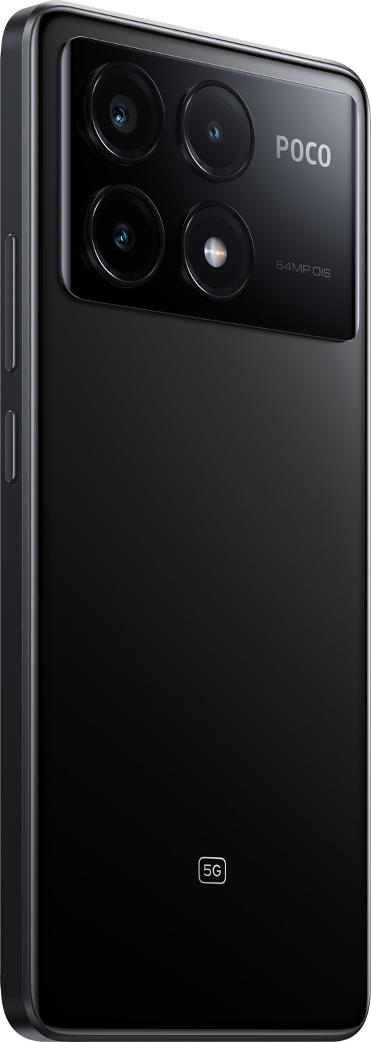 Rückansicht eines schwarzen Smartphones mit vier Kameras und dem Poco-Logo.
