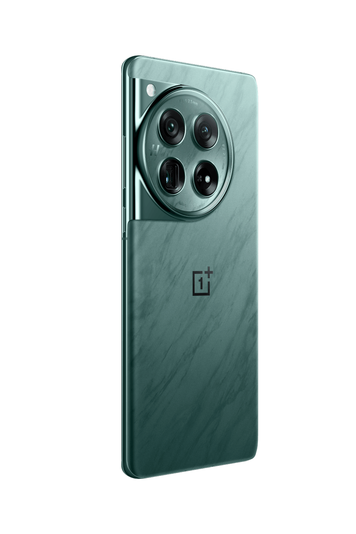 Zielony smartfon z wieloma tylnymi aparatami, czarne tło. Telefon jest w perspektywie.