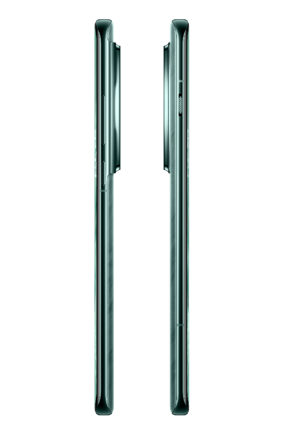 Dwa widoki boczne zielonego smartfona, pokazujące przyciski głośności i zasilania.