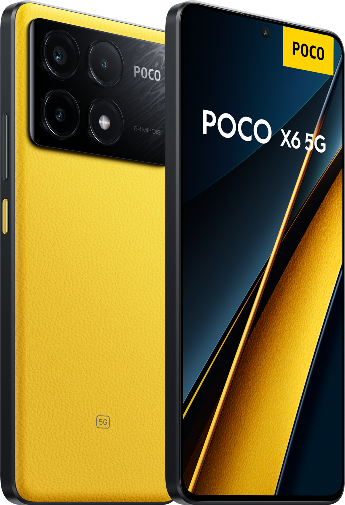 Gelbes Poco X6 5G Telefon mit mehreren Kameras, zeigt die Vorder- und Rückseite des Geräts.
