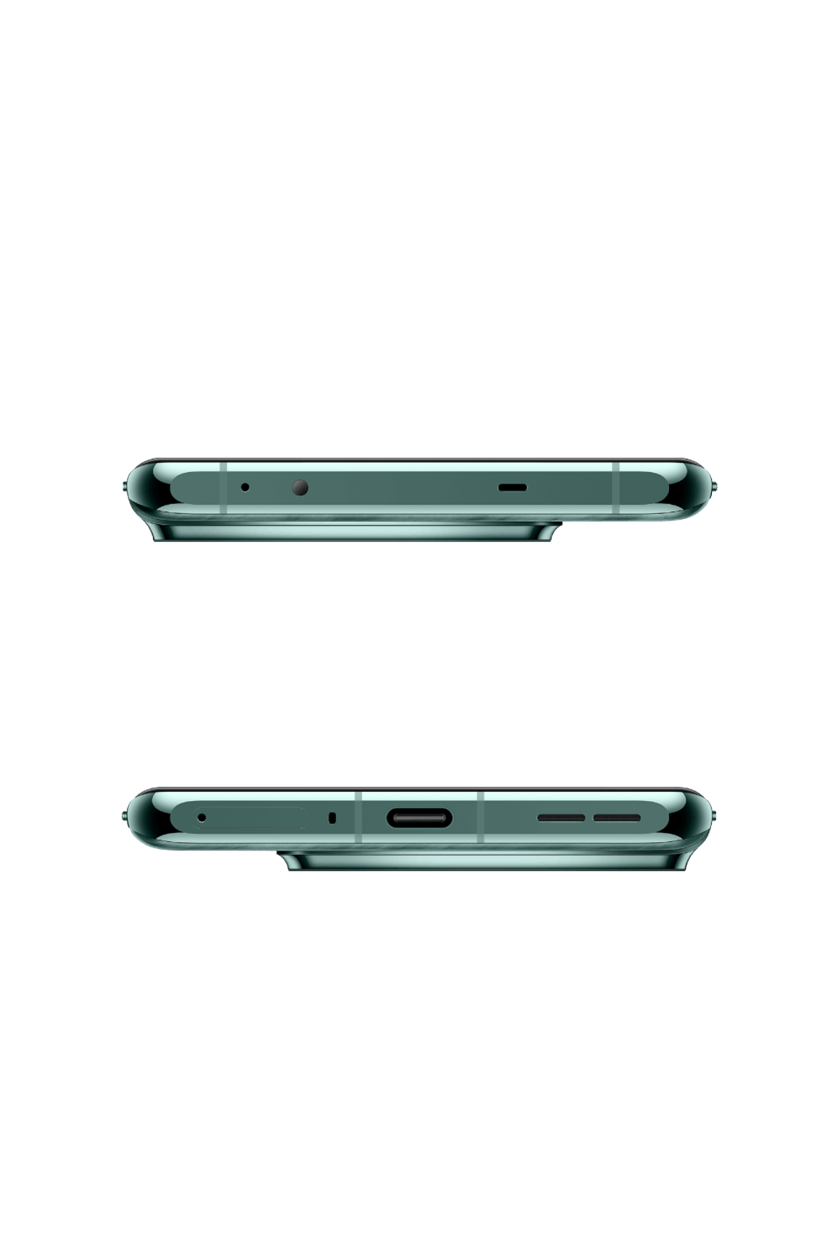 Pokazano dwa boki turkusowego telefonu. Widoczne są górna i dolna krawędź.