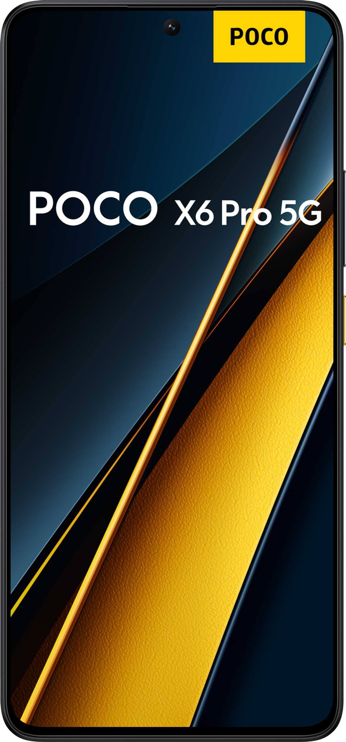 Ein schwarzes Smartphone mit gelbem Poco-Logo und Text: POCO X6 Pro 5G auf dunklem Hintergrund.