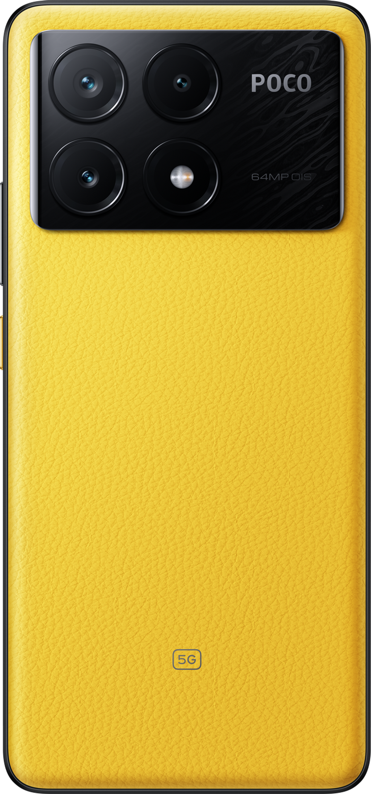 Ein gelbes Telefon mit Dreifachkamera und schwarzem Oberteil. Rückseite mit Text '64MP OIS'.