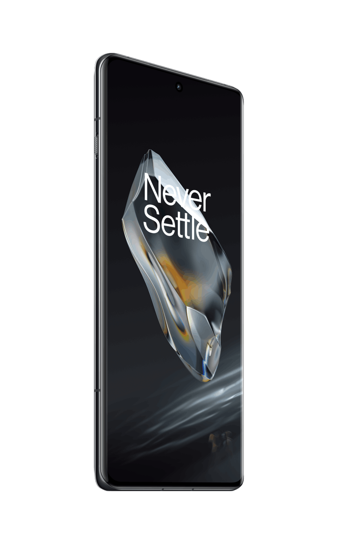 Czarny smartfon ze słowami 'Never Settle' i kryształem na ekranie.