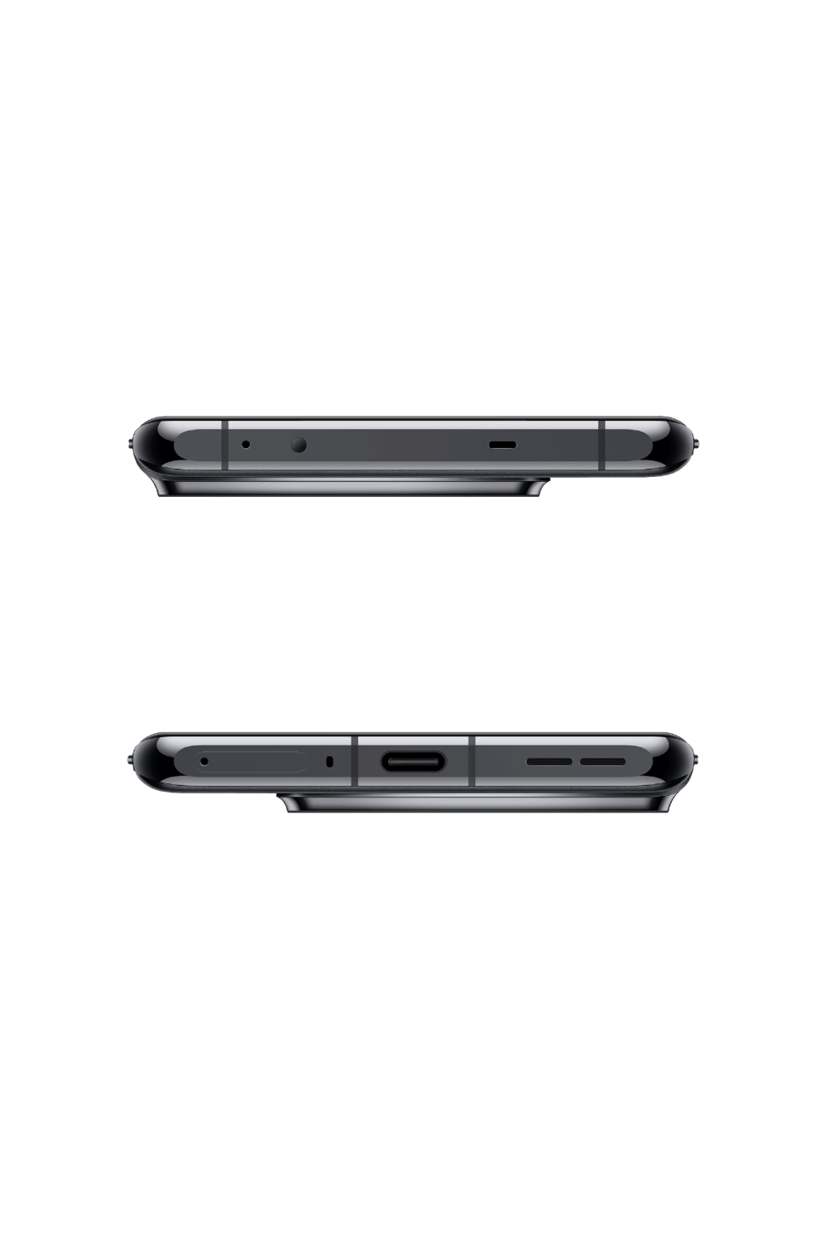 Dwa telefony obok siebie, z widocznymi dolną i górną stroną. Kolor czarny.