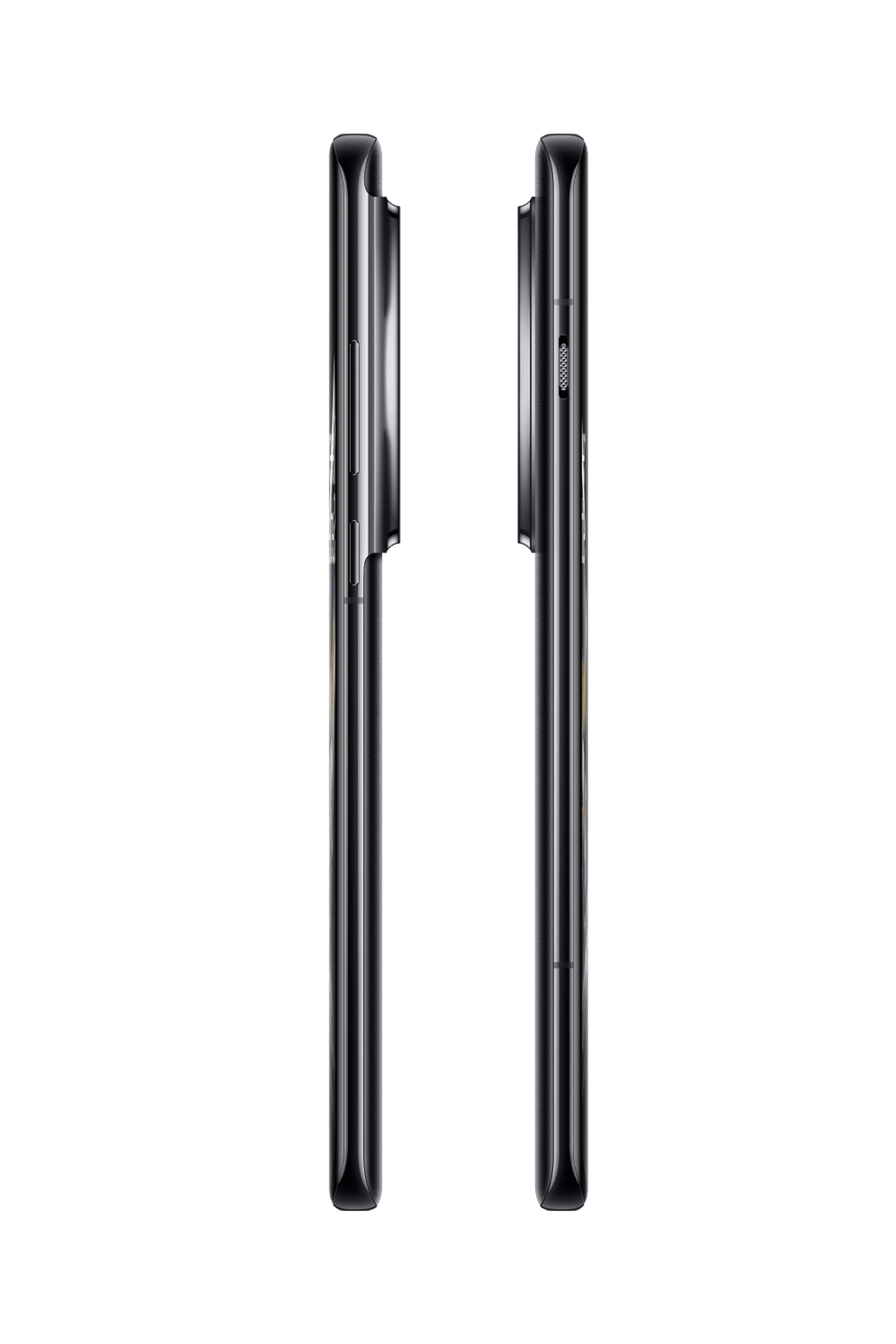 Dwa telefony, widok z boku, są czarne. Stoją na czarnym tle.