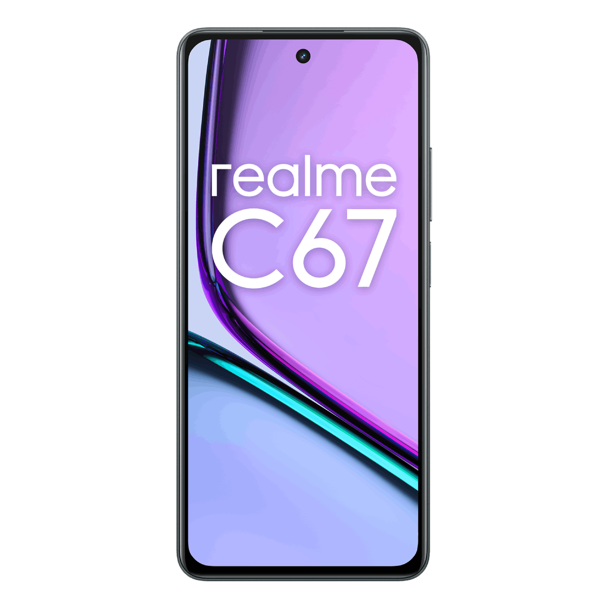 Smartphone Realme C67 con pantalla degradada púrpura y turquesa.