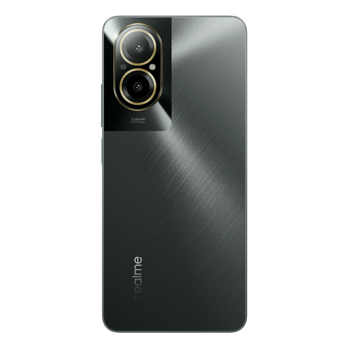 Parte trasera de un smartphone, gris oscuro con triple cámara y el logo de realme.