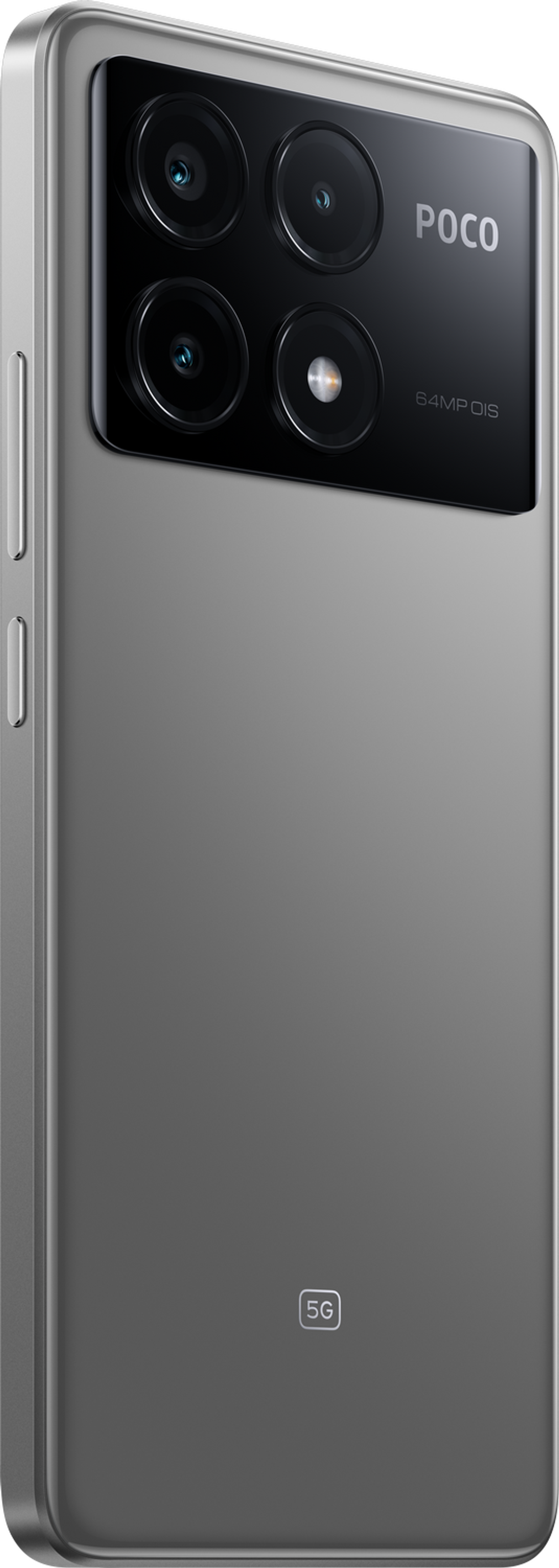 Silbernes Poco 5G-Telefon mit Dreifachkamera auf der Rückseite. Das Telefon ist auf weißem Hintergrund.