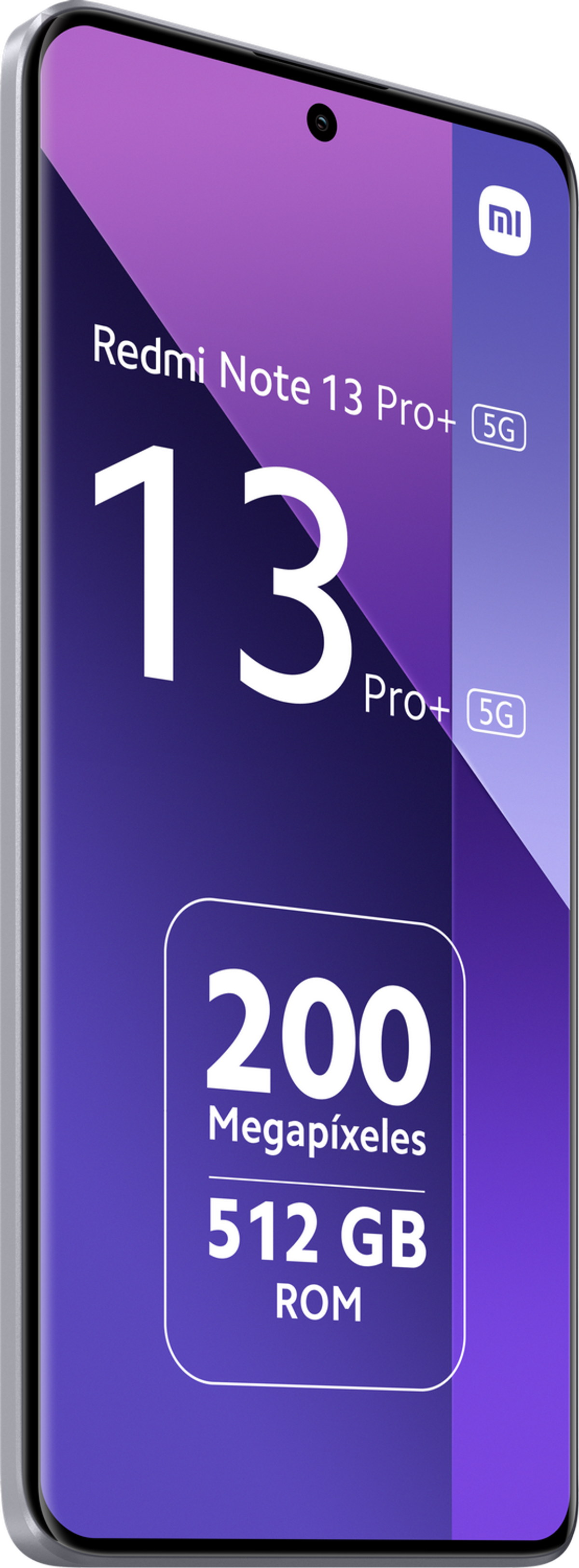 Paarse smartphone, Redmi Note 13 Pro+, met tekst erop, weergegeven op een witte achtergrond.