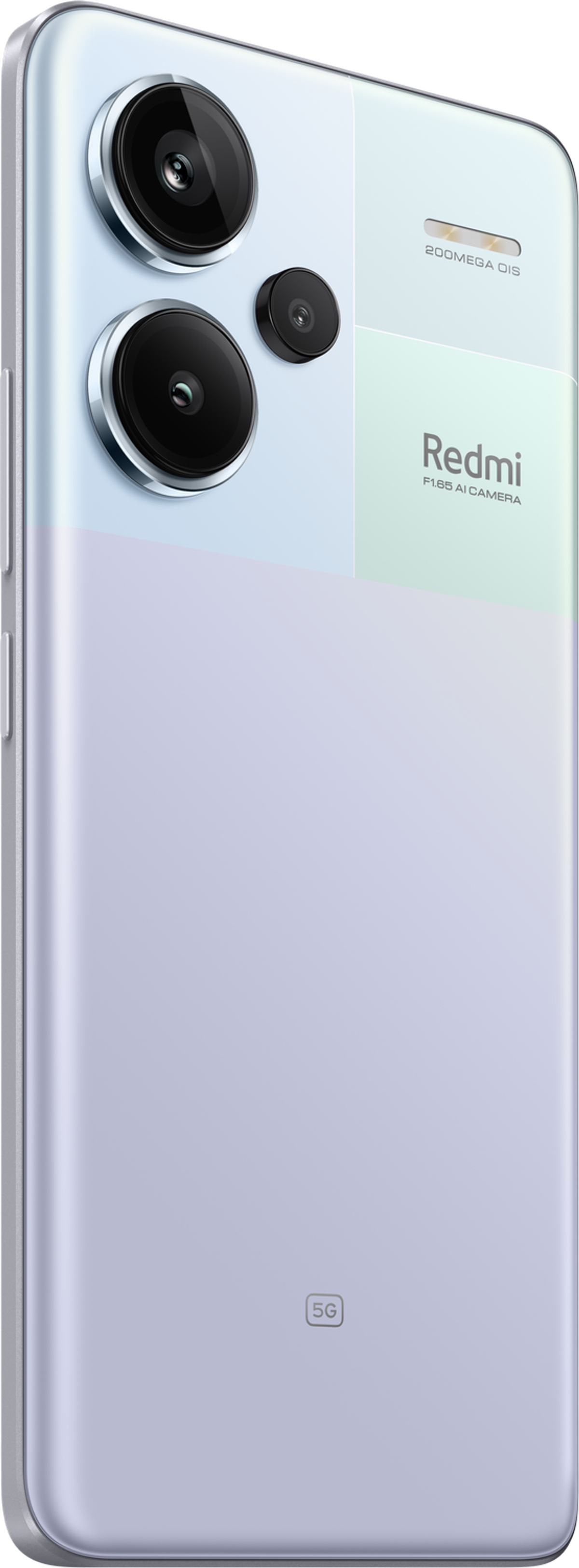 Redmi telefoon, lichtpaarse achterkant. Drie camera's en een 5G-logo. De achterkant is zichtbaar.