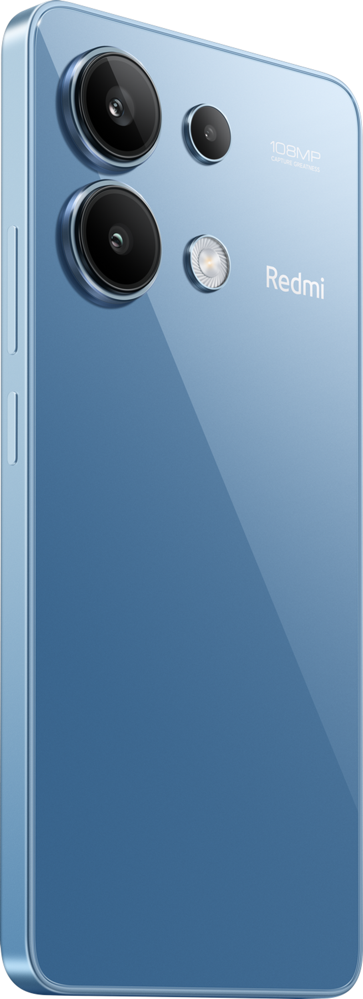 Niebieski smartfon, trzy aparaty, marka Redmi. Niebieskie tło.