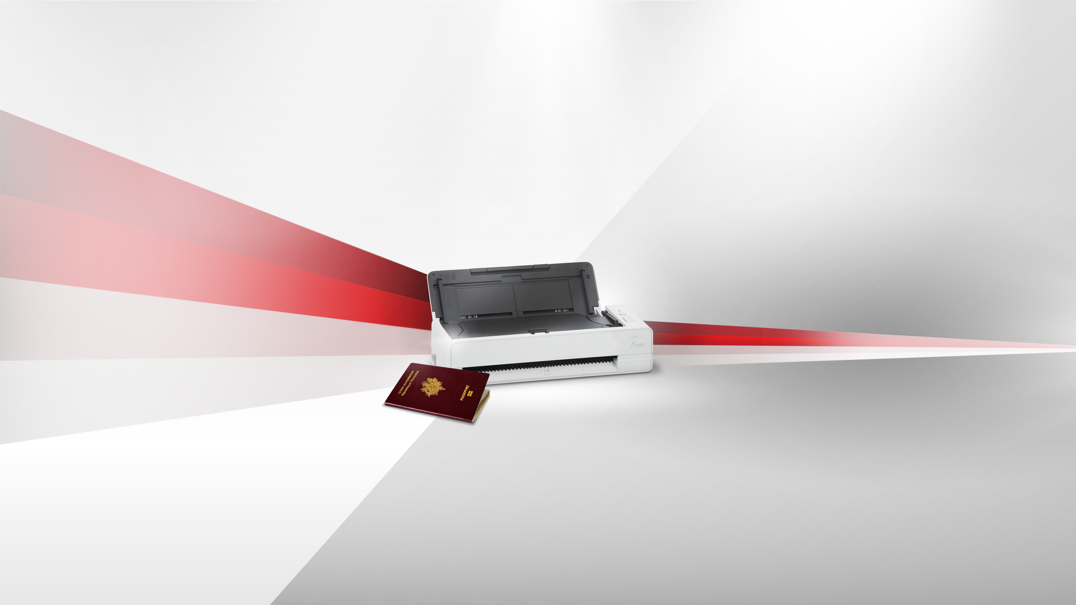 Drukarka z paszportem po lewej stronie. Czerwono-białe tło z przekątnymi liniami.