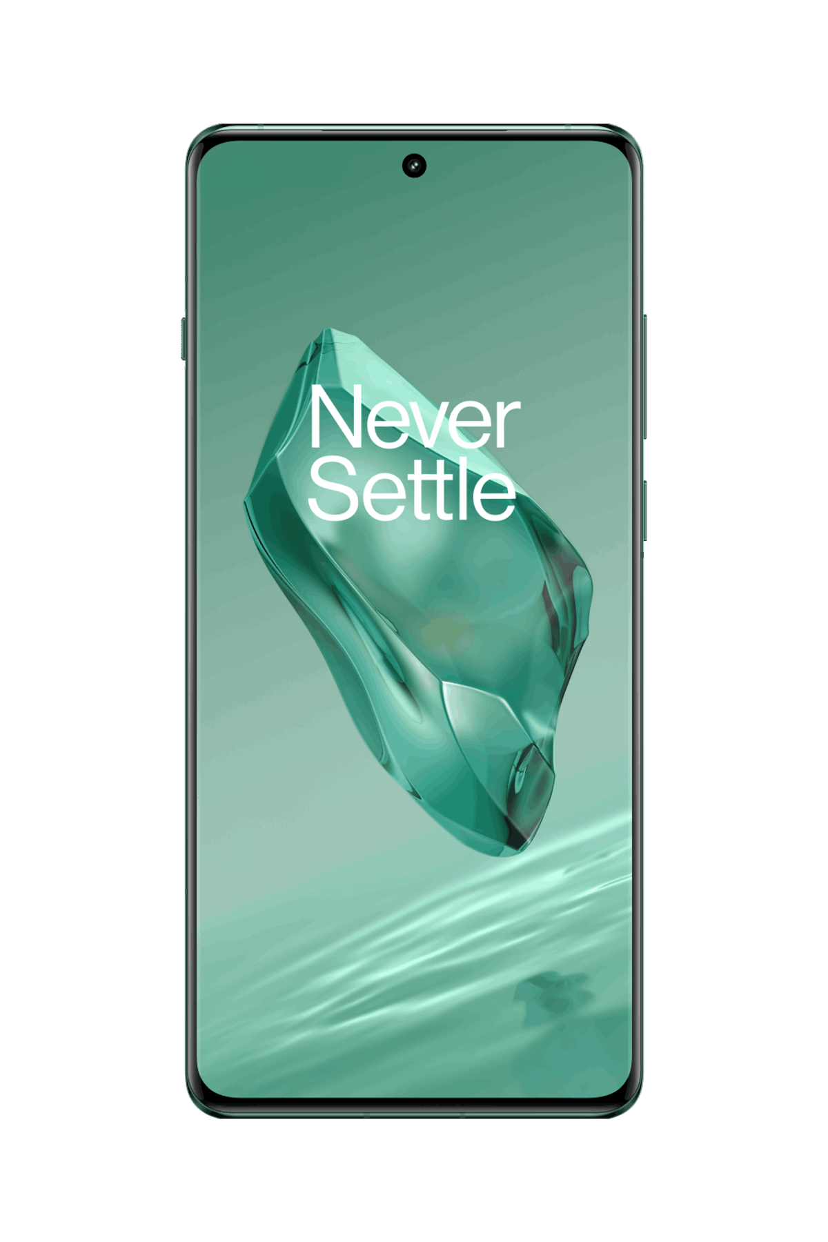 Smartfon z ekranem z napisem "Never Settle". Tło jest turkusowe.