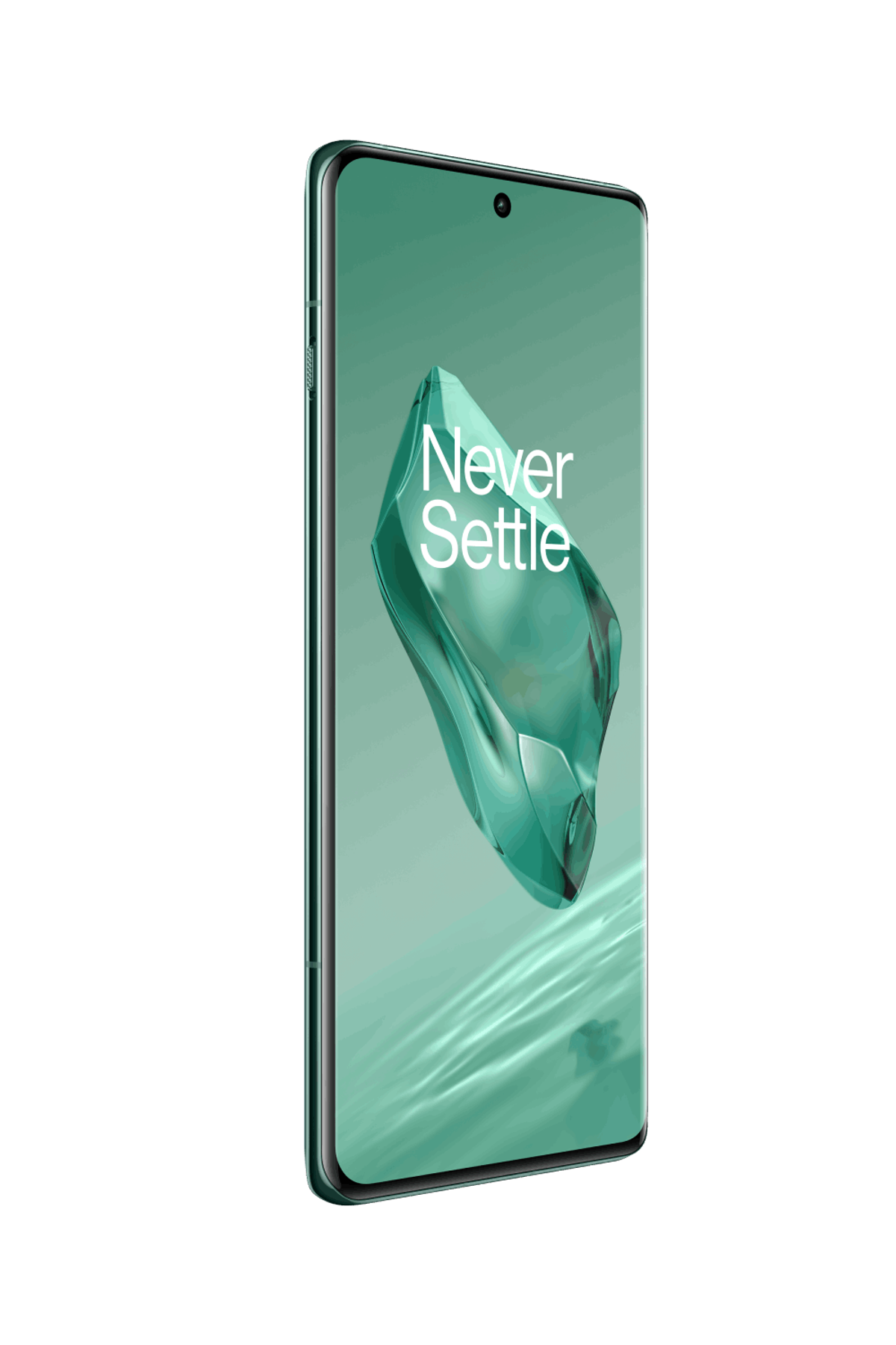 Zielony telefon z napisem 'Never Settle' na czarnym tle.